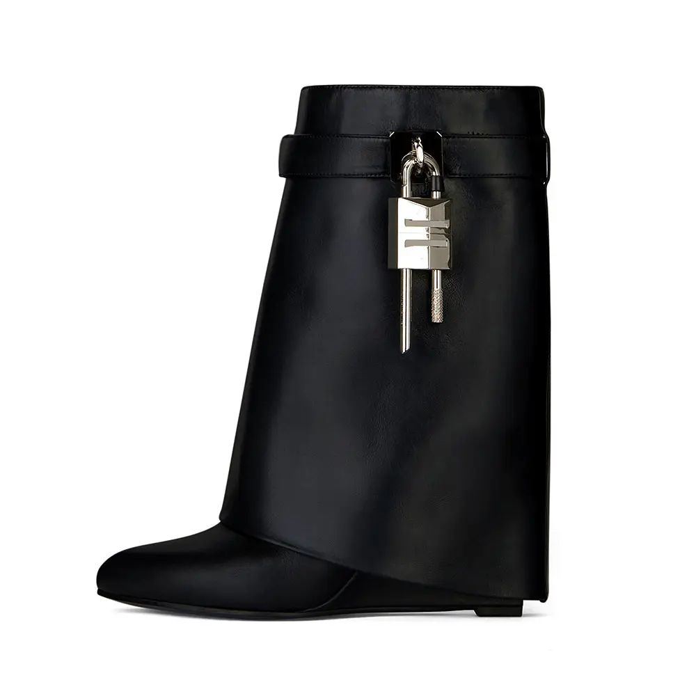 Venda imperdível botas de salto alto de luxo com desenho de couro genuíno para mulheres botas de bloqueio de tubarão