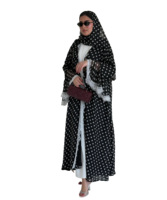 Nouvelle Abaya Ouverte Élégante en Laine Noire et Blanche à Motifs Floraux avec Dentelle, Robe Longue Modeste avec Hijab, Style Dubaï, Vente en Gros pour Femmes Musulmanes Printemps