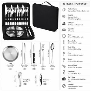 20-Piece <span class=keywords><strong>Set</strong></span> Peralatan Makan Ramah Lingkungan dari Baja Tahan Karat Perak Berkualitas Tinggi untuk 2-4 Orang, Portabel untuk Piknik dan Berkemah di Luar Ruangan - Product Image 4