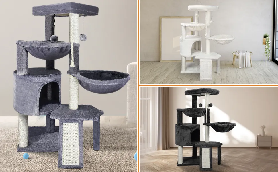 Xin 3 Layer Cat Tree House With Cat Condo And 2 Hammocks Grey Cat Trees Scratcher