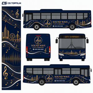 Autocollant personnalisé pour bus sur le thème de la musique, vinyle or et bleu, silhouette de la ville, pour la décoration de véhicules de transport public, vente en gros - Product Image 5