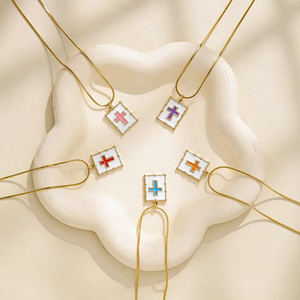 Trendy 18K Gold Plated 304 Stainless Steel Cross Pendant <b>Necklace</b> With Square Oil <b>Drop</b> And Snake Chain For Casual Women Jewelry - Product Image 2