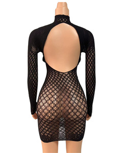 Minivestidos sexys de red con estampado a cuadros y espalda descubierta para mujer, de manga larga con cuello redondo, transparentes, que realzan la figura, para discoteca, con falda a la cadera. - Product Image 5