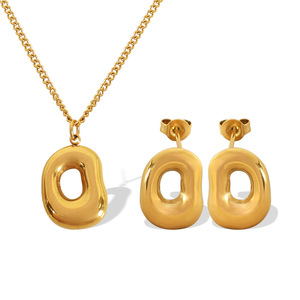 Irregular Geometric Pendant <b>Necklace</b> Women 18k Titanium Steel Gold Hollow Minimalist Jewelry Set Elliptical <b>Ring</b> Design - Product Image 5