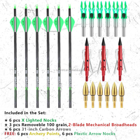 Ensemble de 6 flèches en carbone HT de 31 pouces avec pointes mécaniques et nocks lumineux, flèches de chasse pour arc à poulies et arc classique OEM