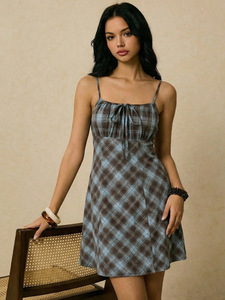 Women's Brown Plaid Mini Dress Autumn Halter Neck Lace up Slim Fit Plaid Sexy Strap <strong>Bodycon</strong> a Line <strong>Skirt</strong> Casual Summer Wear - Product Image 3