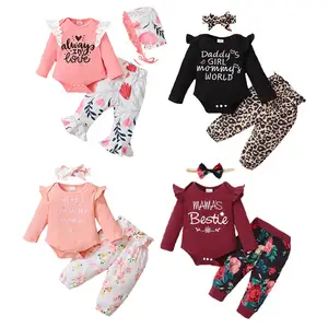 Одежда для новорожденных девочек комплект одежды из 3 предметов, комбинезон, штаны с цветочным принтом повязка на голову, комбинезон с длинными рукавами для детей из органического хлопка для девочек, одежда для девочек