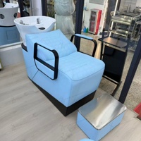 Fauteuil de lavage moderne bleu pour salon de coiffure, poste de lavage en cuir PU avec cuvette en céramique, lit de lavage pour salon de coiffure