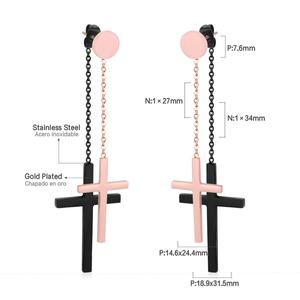 Pendientes Colgantes de Cruz de Acero Inoxidable, Oro Rosa de 18K con PVD, Cadena de Dos Tonos Negro, Pendientes Minimalistas para Mujer - Product Image 1