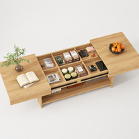 Table basse élégante en chêne clair sur mesure avec plateau coulissant, compartiment de rangement dissimulé, design compact pour petit salon
