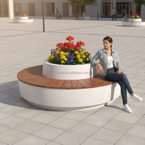Banc de jardinage circulaire moderne en GRC sur mesure avec lattes en teck durables pour les espaces de loisirs extérieurs des parcs et des centres commerciaux - Product Image 2