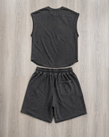 Conjunto Deportivo de Verano Vintage al por Mayor OEM, Logotipo Personalizado, Estampado Puff, Talla Grande, Transpirable, Sin Mangas, 2 Piezas, Pantalones Cortos de Algodón para Hombre