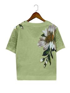 Women's Mint Green Floral Knit Top 2026 Summer V-Neck Short Sleeve Asymmetric <strong>Daisy</strong> Print Sweater Pointelle <strong>Jumper</strong> - Product Image 5