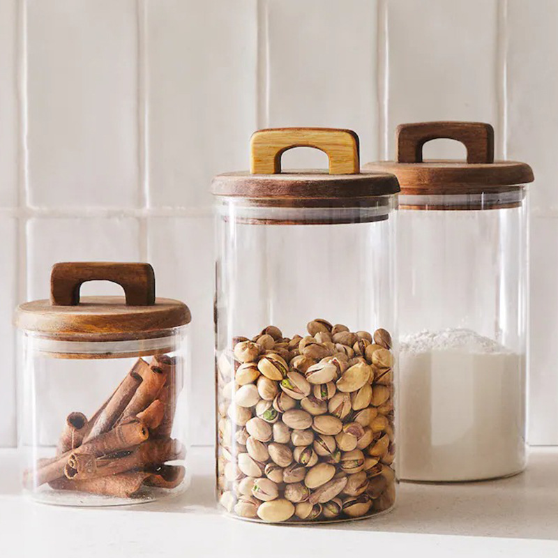 22~70oz high borosilicate glass food  jar with wood lid glasses jar