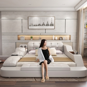Juego de Cama de Cuero Moderno y Minimalista, Cama Inteligente de Doble Función, Portátil con Almacenamiento, Estructura de Madera AN99, Cuero Genuino U - Product Image 1