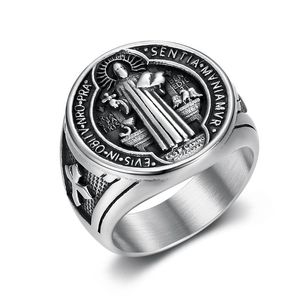 Medalla de exorcismo de San Benito, anillo de hip hop, joyería religiosa chapada en oro de acero inoxidable, colgante de cruz, anillo ostentoso para hombres - Product Image 6