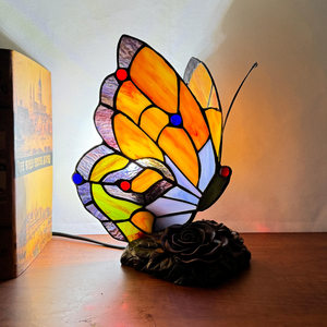 Handmade Brass Butterfly Table <strong>Lamp</strong> <strong>Stained</strong> <strong>Glass</strong> Dome <strong>Shade</strong> LED Modern Design for Babies Kids Bedroom Night Light - Product Image 2