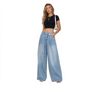 Wholesale Price High Waist <b>Tummy</b> <b>Control</b> Wide Leg <b>Jeans</b> Casual Loose Draped Denim Pants Fashion Street Trousers for Women - Product Image 3