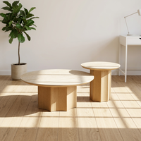 Table basse de salon personnalisable en travertin de luxe léger avec base en bois de frêne antique – Ensemble de tables à thé