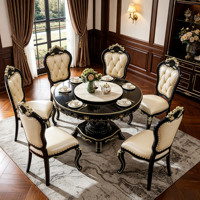 Luxuriöses Europäisches Rundes Massivholz-Esszimmer-Set mit Marmorplatte und Drehplatte, Cremefarbene PU-Lederstühle für Villa und Zuhause, Großhandel