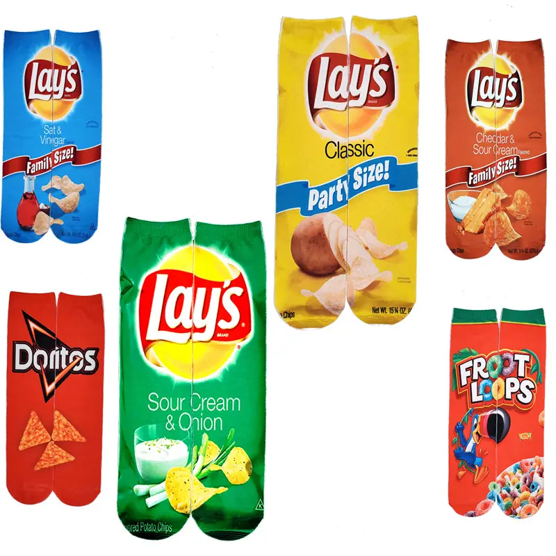 Amazon Chips ถุงเท้าลายอาหารเป็นศูนย์,ถุงเท้ายาวปานกลางถุงเท้าพิมพ์ลายดิจิตอลยุโรปและอเมริกา3D