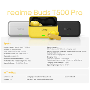 Audífonos Intrauditivos Realme Buds T500 <span class=keywords><strong>Pro</strong></span> con Cancelación de Ruido AI de 50 dB, Controladores de Audio de Alta Resolución de 12.4 mm, Batería de Larga Duración de 56 Horas, BT6.1 - Product Image 6