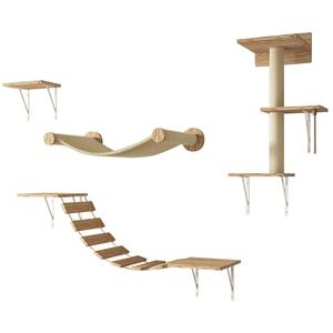 Moderno estable madera Kitty trepador hamaca casa pasos gato estantes de pared con rascador Beige conjunto de muebles montados en la pared - Product Image 5