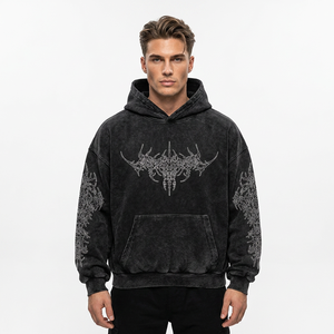Sweat à capuche oversize noir pour homme avec broderie et poche, style streetwear, personnalisable, unisexe, mode outdoor, effet vintage délavé - Product Image 1