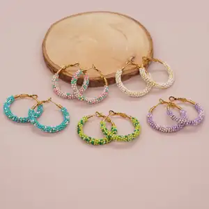 A1374 fashion handmade miyuki beads wire wrapped earrings colorful flower hoop earrings for women girl