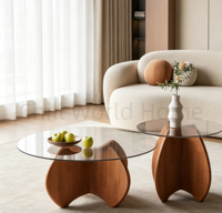 Ensemble de tables basses rondes en verre avec base en bois massif courbé, table d'appoint moderne en 2 pièces pour salon, meubles de maison