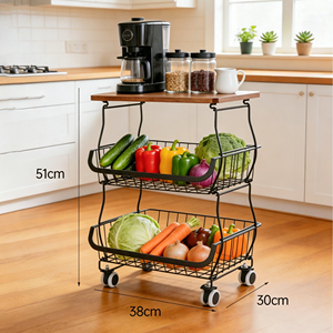 2-Tier <b>Rolling</b> Kitchen Cart Wooden Top Wire Storage Basket Utility Trolley <b>Fruit</b> Vegetable Organizer Rack For Pantry Home - Product Image 4