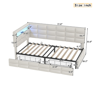Upholstered Twin Size Daybed with Storage 2 Drawers and Charging Station, Day <b>Bed</b> <b>Frame</b> with LED Lights and Storage Headboard - Product Image 4