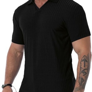 T-shirt de sport pour homme à col en V, manches courtes, fermeture éclair, côtelé, coupe classique, extensible, tricoté, respirant, imprimé - Product Image 4