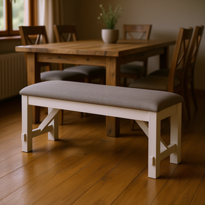 Panca in Legno Stile Cottage con Seduta Imbottita Grigio Gesso, Altezza Standard, Arredamento per Sala da Pranzo - Product Image 2