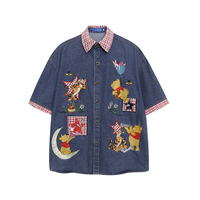 Chemise en jean vintage à manches courtes brodée d'un ours d'été |   Haut décontracté ample unisexe pour couple