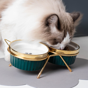 <b>Cat</b> Bowl Double <b>Feeder</b> Elevated Neck Support For <b>Cats</b> With Food And Water Dish Green Gold Trim - Product Image 2
