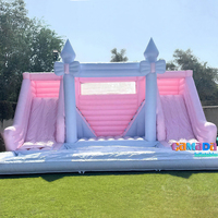Structure gonflable rose et bleue avec toboggan double piste, aire de jeux Hupfburg et grande piscine à balles pour mariages et fêtes