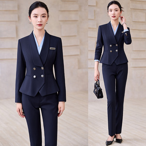 Navy Blue Women's Suit Set Long Sleeve Autumn Office Lady Anti-Wrinkle Polyester Fabric - Product Image 1