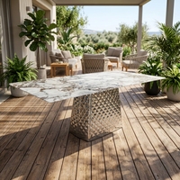 Table à manger en porcelaine de style italien avec base en acier inoxydable finition miroir sculpturale, table unique, mobilier de luxe pour la maison