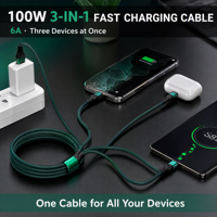 Câble de charge rapide 3-en-1 100W en tressage maillé pour téléphones mobiles compatible iOS -/Micro USB/Type-C
