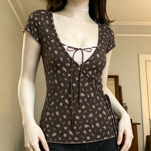 Retro Pure Style Floral Print Color Block Lace Trim <b>Patchwork</b> Short Sleeve T Shirt Sweet Spicy Two in One Tie Design <b>Top</b> - Product Image 3