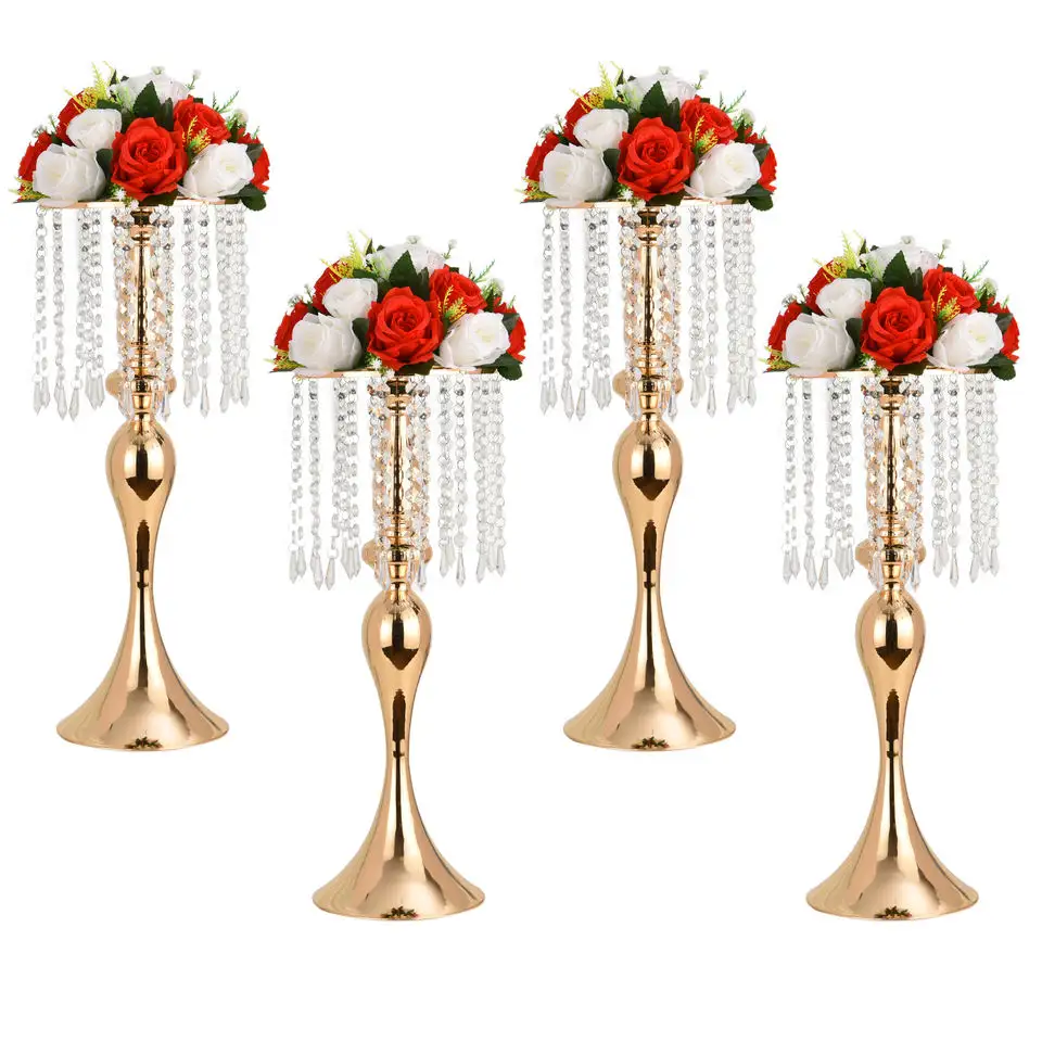 Cao Kim Loại Flower Vase Chủ Sở Hữu Vàng Lọ Cho Centerpieces Pha Lê Hoa Sắp Xếp Đứng Bảng Cưới Centerpieces