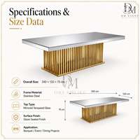 Table de salle à manger rectangulaire de luxe en acier inoxydable avec plateau miroir et piétement à lattes pour événements et banquets