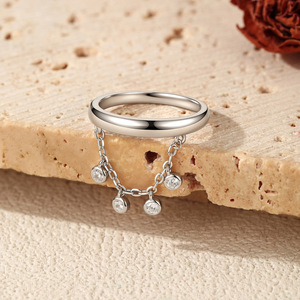 S925 Silver <b>Ring</b> With Round <b>Crystal</b> Drops Chain Minimalist Design Unisex Everyday Wear Sparkling Dangling Chain Promise <b>Ring</b> - Product Image 4