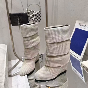 Bottes en jean pour femme, style tie-dye, à talons hauts, bout rond, avec boucle, montantes jusqu'au genou, nouvelle couleur, amovibles, style créateur - Product Image 1