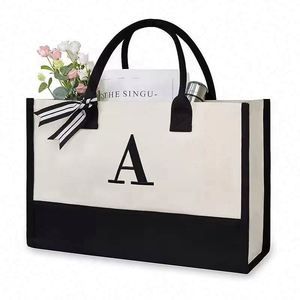 26 Letters Personalized <b>Initial</b> Canvas Beach <b>Bag</b> Reusable Classic Black and White Blank Canvas Tote Gift <b>Bag</b> With Custom Logo - Product Image 5