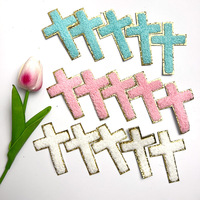 En gros, petits patchs thermocollants en PU écologique, broderie chenille, 3 pouces, motif croix de saint, avec paillettes dorées, blanc et rose, pour chemise