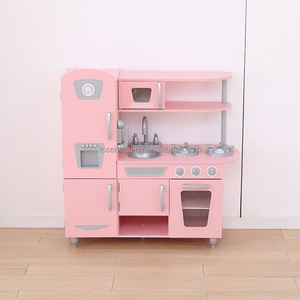 Cuisine de jeu d'imitation classique vintage en bois pour enfants avec machine à glaçons, téléphone, robinet, évier, brûleur et four - Rose - Product Image 3