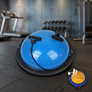 Ballon d'équilibre BOSU de qualité professionnelle bleu avec poignées et pompe pour usage domestique. - Product Image 2