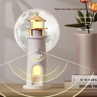 Lampe de chevet Phare Lumière de lune avec corps en ABS, détection de présence humaine, haut-parleur, ornement de bureau, lampe de table LED à projection